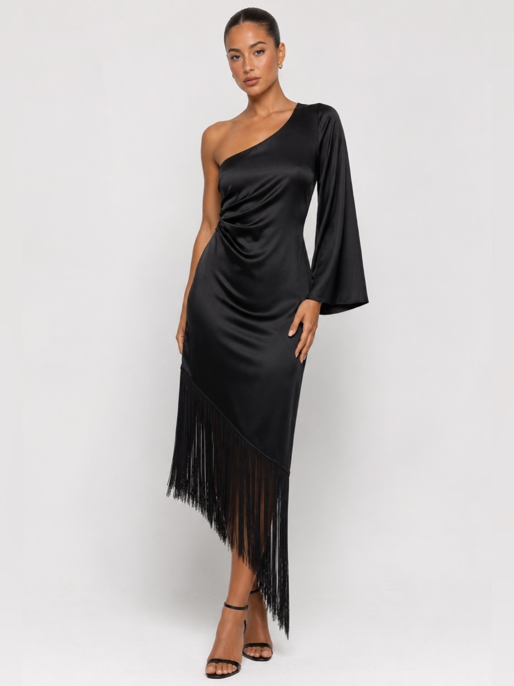 H&M One Shoulder Dress With Fringe Trim